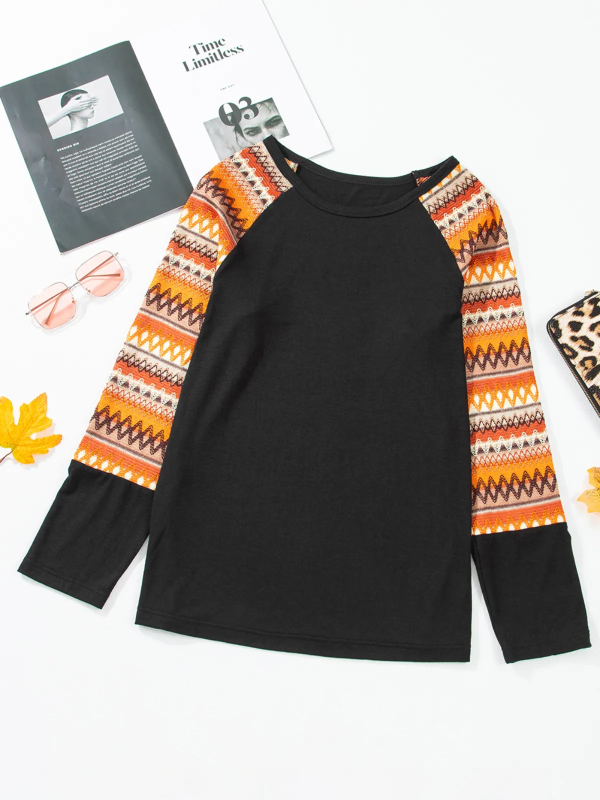 Womens Orange Geo Print Raglan Patchwork Long Sleeve Tee