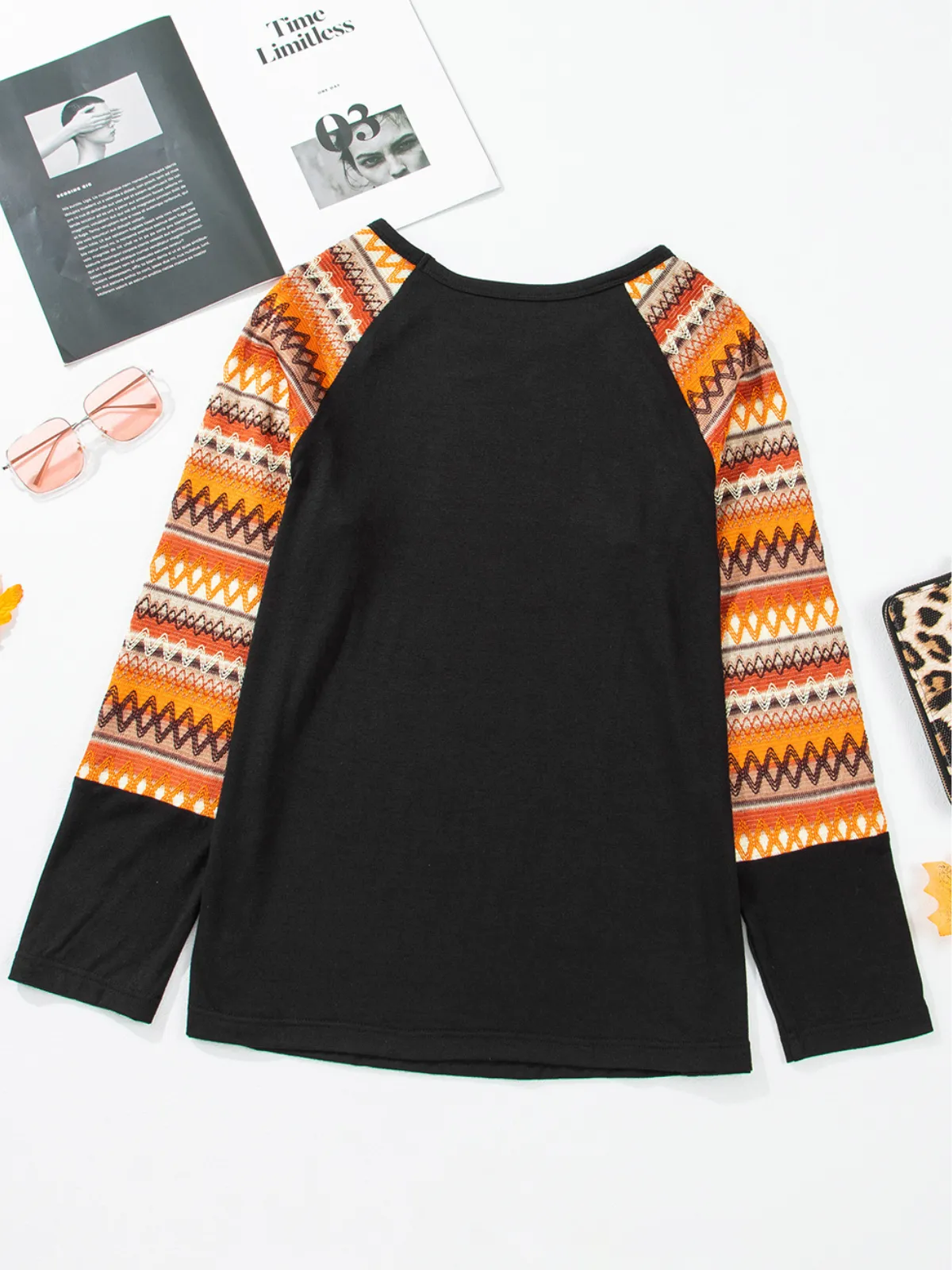 Womens Orange Geo Print Raglan Patchwork Long Sleeve Tee