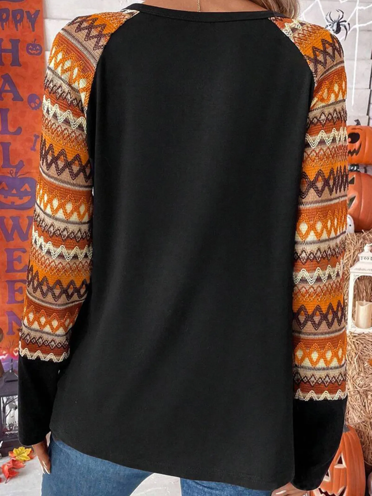 Womens Orange Geo Print Raglan Patchwork Long Sleeve Tee