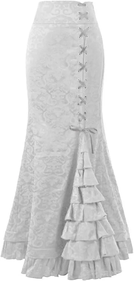 Women's Retro Lace-Up Drawstring Tiered Ruffle Maxi Long Mermaid Pencil Skirt Trendy Plus Size Slim Fishtail Skirts