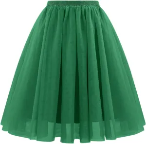 Womens Tulle Skirts Midi Elastic High Waist Pleated Mesh Flowy A-Line Long Skirts