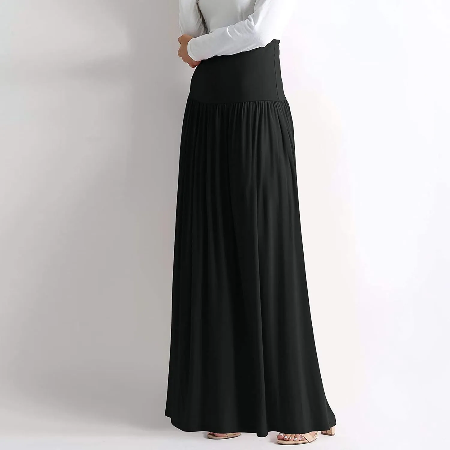 YOLAI Plus Size Maxi Skirts for Women High Waist Ankle Length Skirt A-Line Flowy Swing Pleated Skirt with Pockets