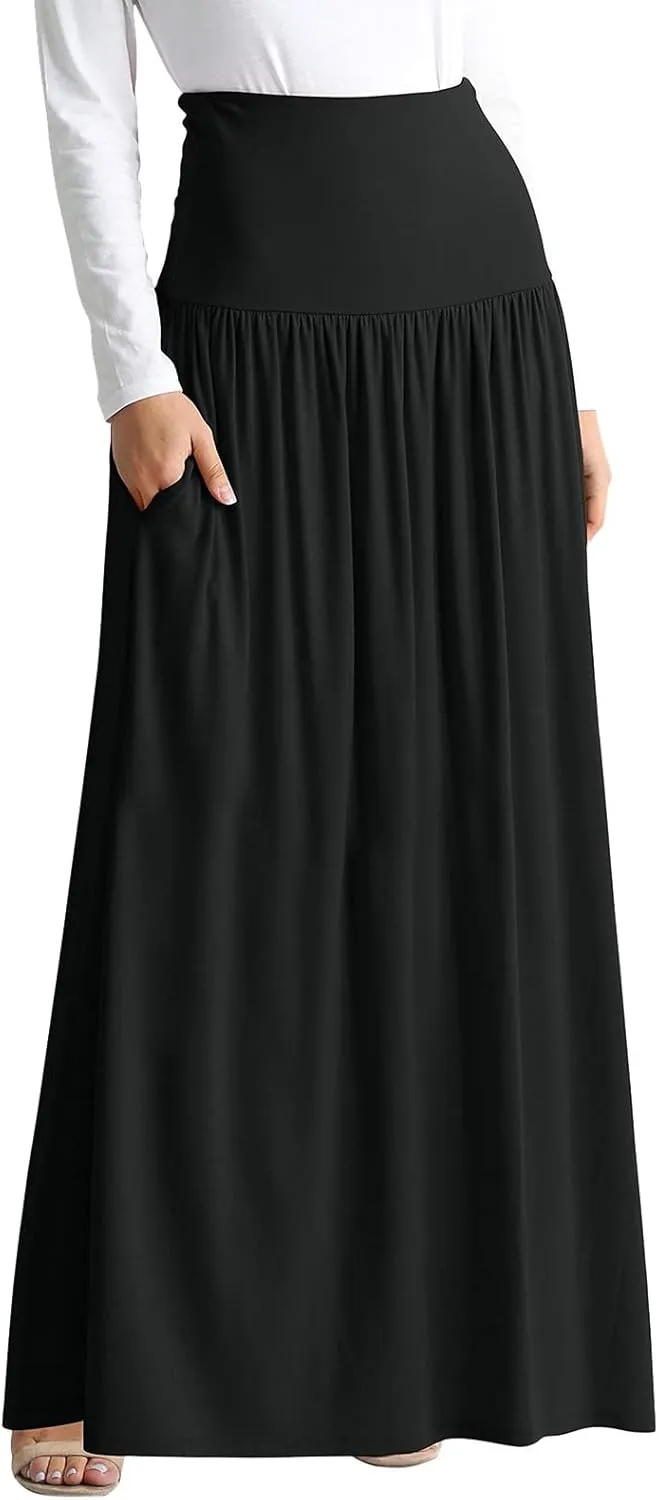 YOLAI Plus Size Maxi Skirts for Women High Waist Ankle Length Skirt A-Line Flowy Swing Pleated Skirt with Pockets