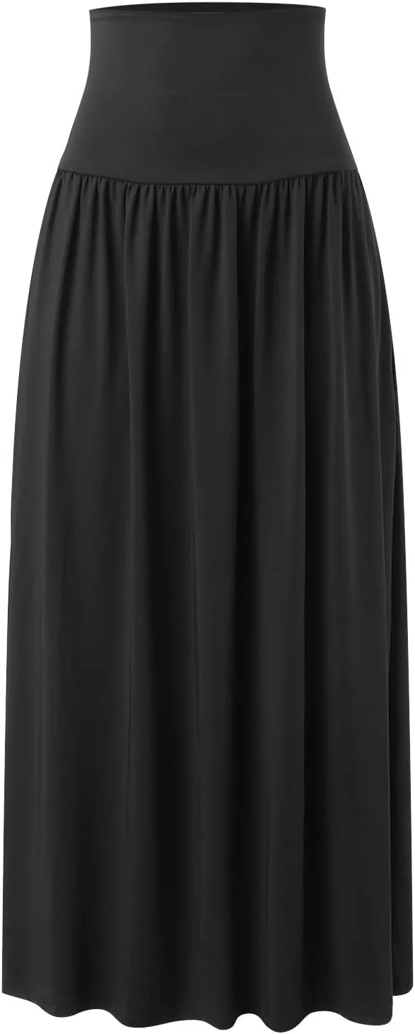 YOLAI Plus Size Maxi Skirts for Women High Waist Ankle Length Skirt A-Line Flowy Swing Pleated Skirt with Pockets