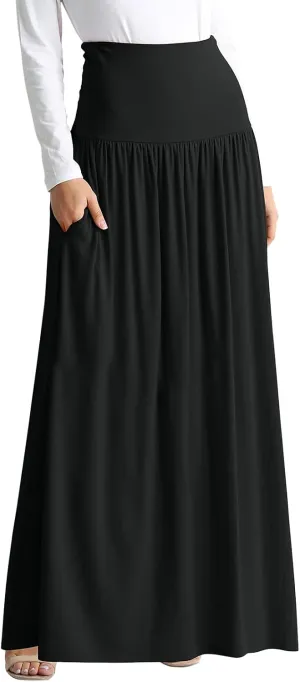 YOLAI Plus Size Maxi Skirts for Women High Waist Ankle Length Skirt A-Line Flowy Swing Pleated Skirt with Pockets